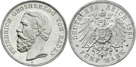 Reichssilbermünzen J. 19-178
Baden
Friedrich I., 1856-1907
5 Mark 1894 G fast Stempelglanz, selten in dieser Erhaltung. Jaeger 29.