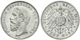 Reichssilbermünzen J. 19-178
Baden
Friedrich I., 1856-1907
5 Mark 1900 G. sehr schön, kl. Kratzer und Randfehler. Jaeger 29.