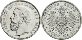 Reichssilbermünzen J. 19-178
Baden
Friedrich I., 1856-1907
5 Mark 1901 G. fast Stempelglanz, selten in dieser Erhaltung. Jaeger 29.