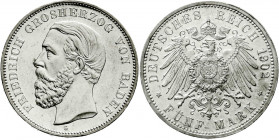 Reichssilbermünzen J. 19-178
Baden
Friedrich I., 1856-1907
5 Mark 1902 G. Seltenes Jahr. prägefrisch/fast Stempelglanz, nur min. Kratzer, sonst Pra...