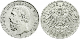 Reichssilbermünzen J. 19-178
Baden
Friedrich I., 1856-1907
5 Mark 1891 G. A ohne Querstrich. sehr schön. Jaeger 29 F.