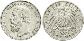 Reichssilbermünzen J. 19-178
Baden
Friedrich I., 1856-1907
5 Mark 1891 G. A ohne Querstrich. sehr schön, kl. Randfehler. Jaeger 29 F.