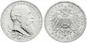 Reichssilbermünzen J. 19-178
Baden
Friedrich I., 1856-1907
5 Mark 1902. 50 jähriges Regierungsjubiläum. fast Stempelglanz, Prachtexemplar, winz. Ra...