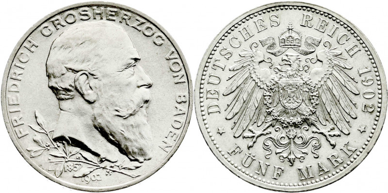 Reichssilbermünzen J. 19-178
Baden
Friedrich I., 1856-1907
5 Mark 1902. 50 jä...