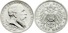 Reichssilbermünzen J. 19-178
Baden
Friedrich I., 1856-1907
5 Mark 1902. 50 jähriges Regierungsjubiläum. vorzüglich/Stempelglanz. Jaeger 31.
