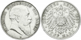 Reichssilbermünzen J. 19-178
Baden
Friedrich I., 1856-1907
5 Mark 1907 G. gutes sehr schön. Jaeger 33.