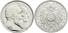 Reichssilbermünzen J. 19-178
Baden
Friedrich I., 1856-1907
5 Mark 1906. Zur goldenen Hochzeit. fast Stempelglanz, Prachtexemplar. Jaeger 35.