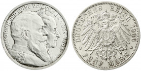 Reichssilbermünzen J. 19-178
Baden
Friedrich I., 1856-1907
5 Mark 1906. Zur goldenen Hochzeit. fast Stempelglanz, min Randfehler, Prachtexemplar. J...