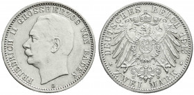 Reichssilbermünzen J. 19-178
Baden
Friedrich II., 1907-1918
2 Mark 1913 G. gutes vorzüglich, Vs. etwas berieben. Jaeger 38.