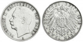Reichssilbermünzen J. 19-178
Baden
Friedrich II., 1907-1918
2 Mark 1913 G. sehr schön/vorzüglich, Vs. etwas berieben. Jaeger 38.