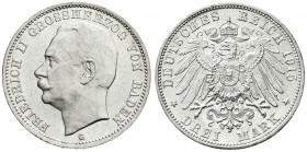 Reichssilbermünzen J. 19-178
Baden
Friedrich II., 1907-1918
3 Mark 1915 G. Seltenes Jahr. vorzüglich/Stempelglanz. Jaeger 39.