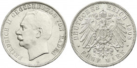 Reichssilbermünzen J. 19-178
Baden
Friedrich II., 1907-1918
5 Mark 1908 G. Stempelglanz, winz. Randfehler, Prachtexemplar, sehr selten. Jaeger 40.
