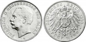 Reichssilbermünzen J. 19-178
Baden
Friedrich II., 1907-1918
5 Mark 1908 G. vorzüglich/Stempelglanz. Jaeger 40.