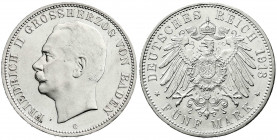 Reichssilbermünzen J. 19-178
Baden
Friedrich II., 1907-1918
5 Mark 1913 G. fast Stempelglanz, kl. Kratzer, Prachtexemplar. Jaeger 40.