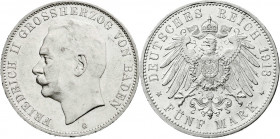 Reichssilbermünzen J. 19-178
Baden
Friedrich II., 1907-1918
5 Mark 1913 G. vorzüglich/Stempelglanz, winz. Randfehler. Jaeger 40.