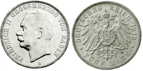 Reichssilbermünzen J. 19-178
Baden
Friedrich II., 1907-1918
5 Mark 1913 G. vorzüglich. Jaeger 40.