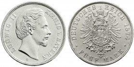 Reichssilbermünzen J. 19-178
Bayern
Ludwig II., 1864-1886
5 Mark 1874 D. fast Stempelglanz, Prachtexemplar, sehr selten in dieser Erhaltung. Jaeger...