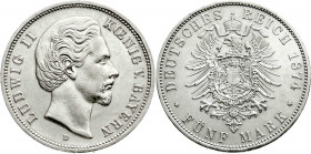 Reichssilbermünzen J. 19-178
Bayern
Ludwig II., 1864-1886
5 Mark 1874 D. vorzüglich. Jaeger 42.
