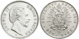 Reichssilbermünzen J. 19-178
Bayern
Ludwig II., 1864-1886
5 Mark 1875 D. vorzüglich, kl. Randfehler. Jaeger 42.