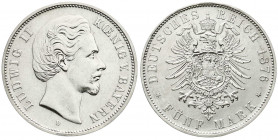 Reichssilbermünzen J. 19-178
Bayern
Ludwig II., 1864-1886
5 Mark 1876 D. vorzüglich. Jaeger 42.