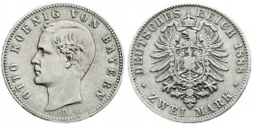 Reichssilbermünzen J. 19-178
Bayern
Otto, 1886-1913
2 Mark 1888 D. sehr schön, Rand etwas überarbeitet. Jaeger 43.