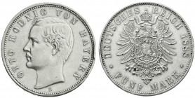 Reichssilbermünzen J. 19-178
Bayern
Otto, 1886-1913
5 Mark 1888 D. vorzüglich, stärkerer Randfehler. Jaeger 44.