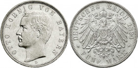 Reichssilbermünzen J. 19-178
Bayern
Otto, 1886-1913
5 Mark 1894 D. prägefrisch, winz. Kratzer selten in dieser Erhaltung. Jaeger 46.