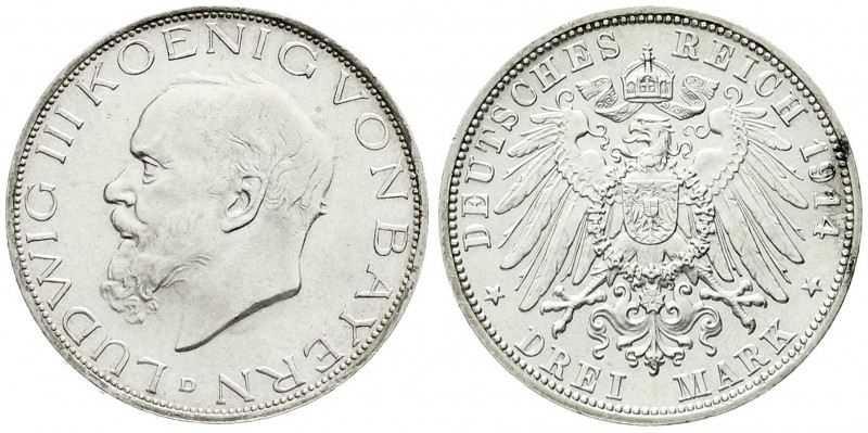 Reichssilbermünzen J. 19-178
Bayern
Ludwig III., 1913-1918
3 Mark 1914 D. prä...