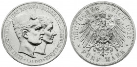 Reichssilbermünzen J. 19-178
Braunschweig
Ernst August, 1913-1916
5 Mark 1915 A. Mit Lüneburg. Polierte Platte, leicht berührt, selten. Jaeger 58....