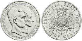 Reichssilbermünzen J. 19-178
Braunschweig
Ernst August, 1913-1916
5 Mark 1915 A. Mit Lüneburg. vorzüglich/Stempelglanz, kl. Kratzer. Jaeger 58.