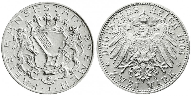 Reichssilbermünzen J. 19-178
Bremen
2 Mark 1904 J. fast Stempelglanz. Jaeger 5...