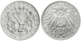 Reichssilbermünzen J. 19-178
Bremen
2 Mark 1904 J. fast Stempelglanz. Jaeger 59.