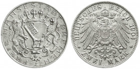 Reichssilbermünzen J. 19-178
Bremen
2 Mark 1904 J. vorzüglich/Stempelglanz, kl. Randfehler. Jaeger 59.