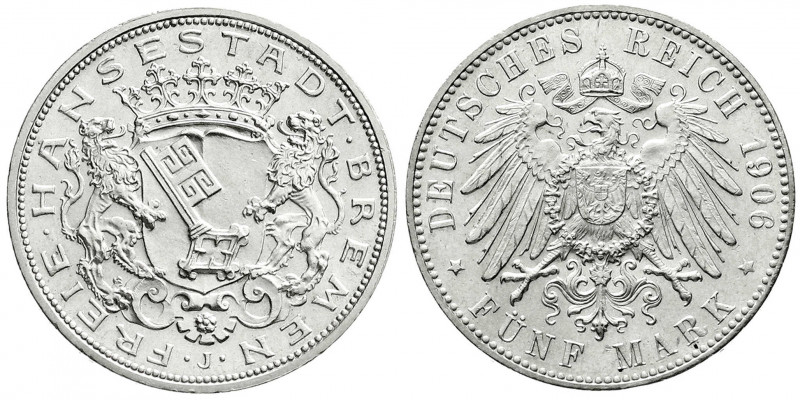 Reichssilbermünzen J. 19-178
Bremen
5 Mark 1906 J. fast Stempelglanz, Prachtex...