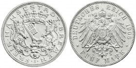 Reichssilbermünzen J. 19-178
Bremen
5 Mark 1906 J. fast Stempelglanz, Prachtexemplar. Jaeger 60.