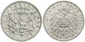 Reichssilbermünzen J. 19-178
Bremen
5 Mark 1906 J. prägefrisch. Jaeger 60.