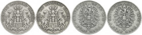 Reichssilbermünzen J. 19-178
Hamburg
2 Stück: 5 Mark 1875 und 1876 J. beide fast sehr schön. Jaeger 62.
