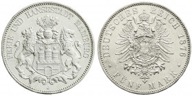 Reichssilbermünzen J. 19-178
Hamburg
5 Mark 1876 J. fast Stempelglanz, Prachtexemplar, sehr selten in dieser Erhaltung. Jaeger 62.