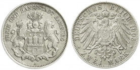 Reichssilbermünzen J. 19-178
Hamburg
2 Mark 1905 J. Besseres Jahr. sehr schön. Jaeger 63.