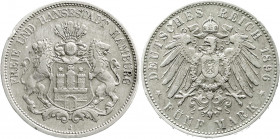 Reichssilbermünzen J. 19-178
Hamburg
5 Mark 1896 J. Seltenes Jahr. sehr schön, Randfehler. Jaeger 65.