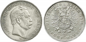 Reichssilbermünzen J. 19-178
Hessen
Ludwig III., 1848-1877
5 Mark 1876 H. fast vorzüglich, kl. Kratzer, feine Tönung. Jaeger 67.
