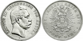 Reichssilbermünzen J. 19-178
Hessen
Ludwig III., 1848-1877
5 Mark 1876 H. sehr schön, Kratzer und kl. Randfehler. Jaeger 67.