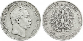 Reichssilbermünzen J. 19-178
Hessen
Ludwig III., 1848-1877
5 Mark 1876 H. fast sehr schön, kl. Randfehler. Jaeger 67.