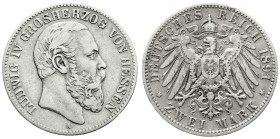 Reichssilbermünzen J. 19-178
Hessen
Ludwig IV., 1877-1892
2 Mark 1891 A. sehr schön, kl. Randfehler. Jaeger 70.