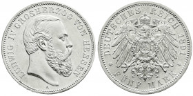 Reichssilbermünzen J. 19-178
Hessen
Ludwig IV., 1877-1892
5 Mark 1891 A. prägefrisch, winz. Kratzer, selten in dieser Erhaltung. Jaeger 71.