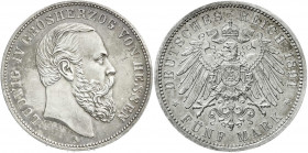Reichssilbermünzen J. 19-178
Hessen
Ludwig IV., 1877-1892
5 Mark 1891 A. gutes vorzüglich, winz. Kratzer, schöne Patina. Jaeger 71.