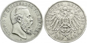 Reichssilbermünzen J. 19-178
Hessen
Ludwig IV., 1877-1892
5 Mark 1891 A. sehr schön, kl. Randfehler. Jaeger 71.