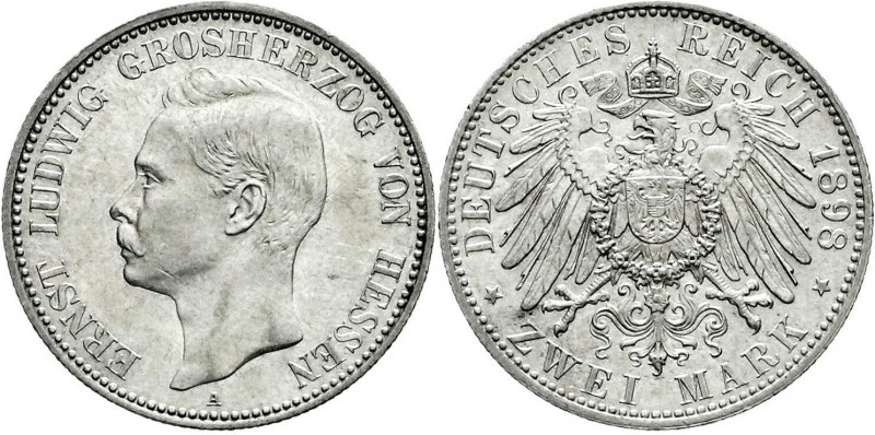 Reichssilbermünzen J. 19-178
Hessen
Ernst Ludwig, 1892-1918
2 Mark 1898 A. fa...