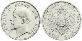 Reichssilbermünzen J. 19-178
Lippe
Leopold IV., 1904-1918
3 Mark 1913 A. vorzüglich/Stempelglanz. Jaeger 79.