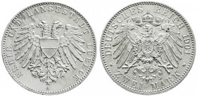 Reichssilbermünzen J. 19-178
Lübeck
2 Mark 1901 A. gutes vorzüglich, min. berieben. Jaeger 80.